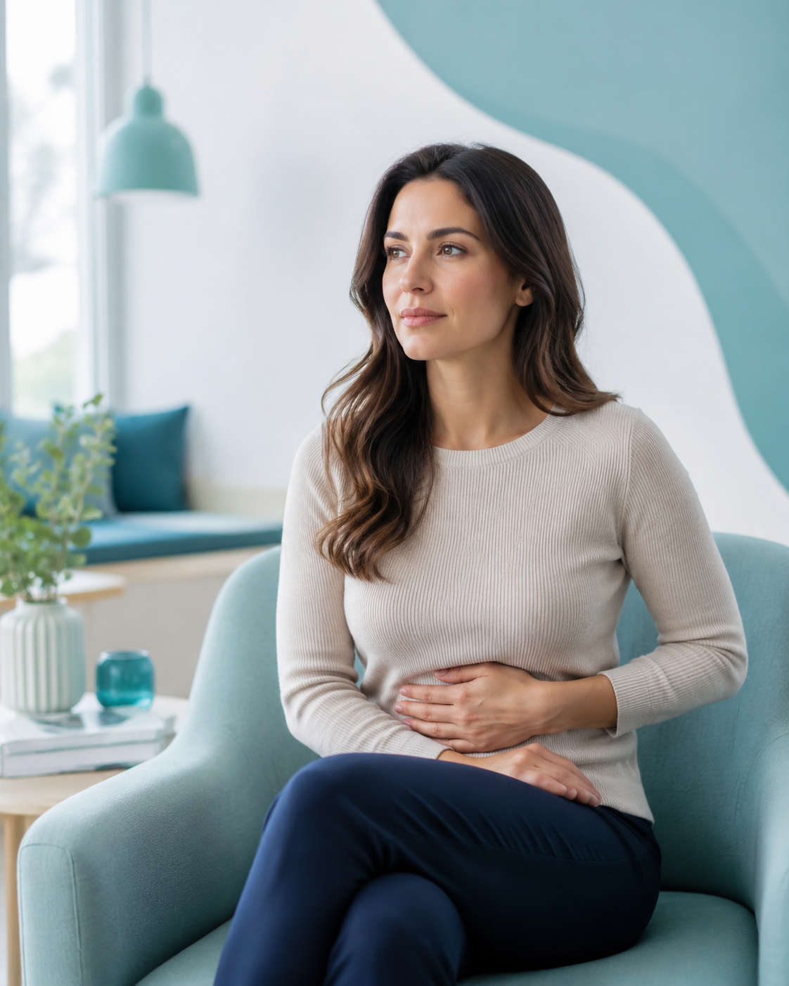 Endometriozis belirtileri nedeniyle karın bölgesinde rahatsızlık hisseden kadın